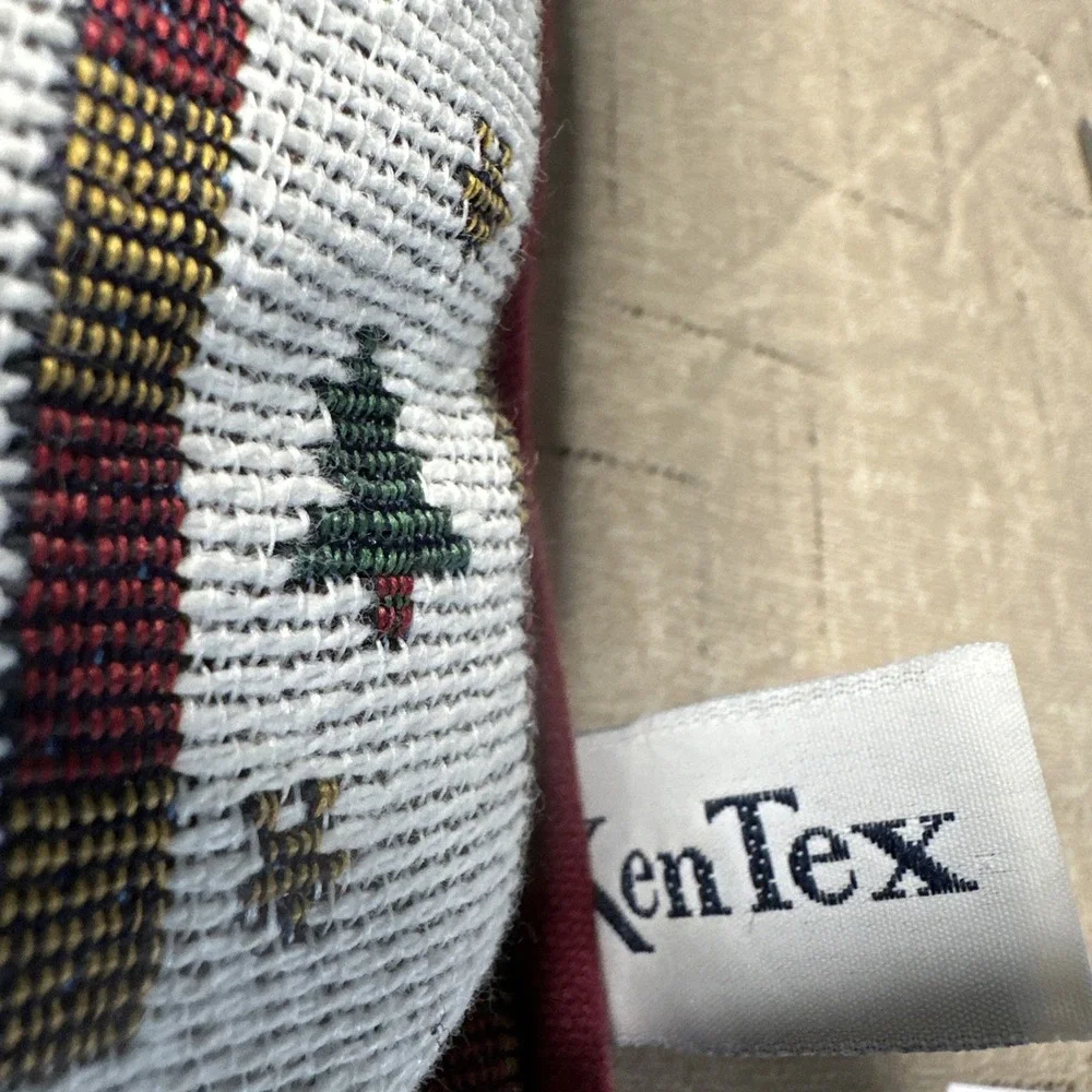 KenTex Tapestry Christmas Pillow Snowmen Birdhouse Made In USA Burgundy Blue